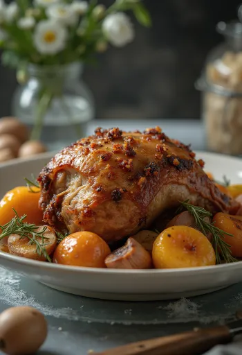 Puercoespín asado a las hierbas servido con verduras asadas