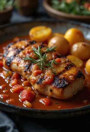 Chuleta de puerco con lecsó y papas al perejil servida