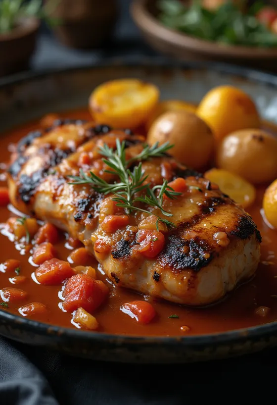 Chuleta de puerco con lecsó y papas al perejil servida