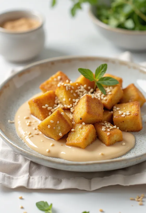 Tofu frito con salsa de tahini servido
