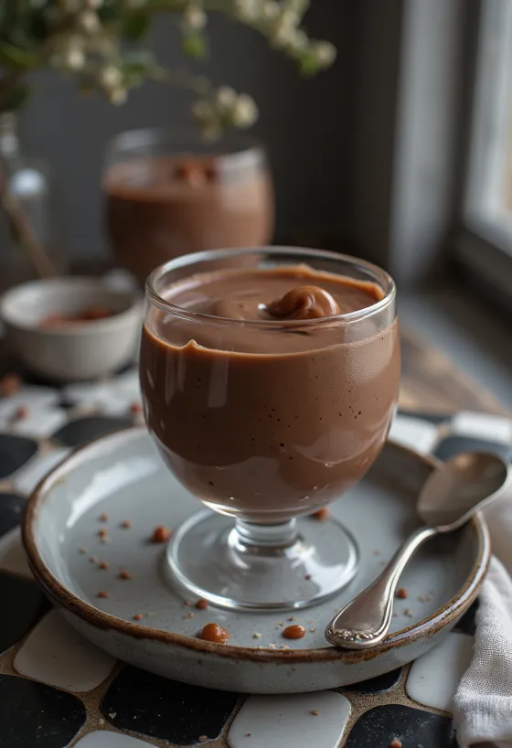 Panna cotta de chocolate con leche servida