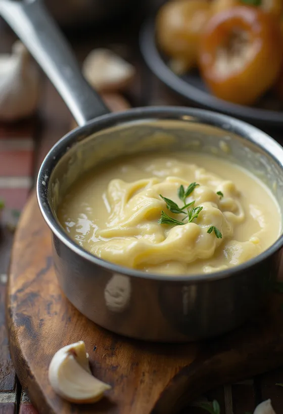 Salsa cremosa de mantequilla y ajo servida
