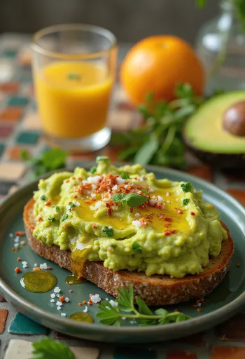 Pan tostado con aguacate, servido con aceite de oliva y hojuelas de chile