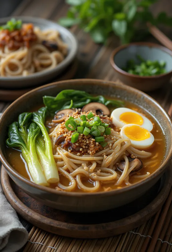 Udon-style Ramen servido con fideos gruesos y huevo