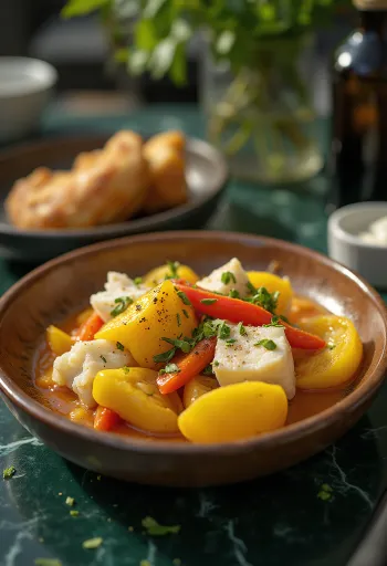 Ackee y bacalao salado servido con verduras y especias
