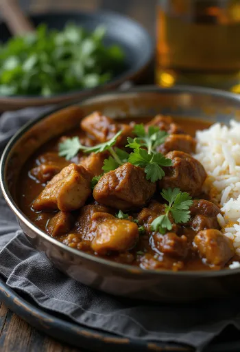 Curry de chivo servido con arroz y cilantro