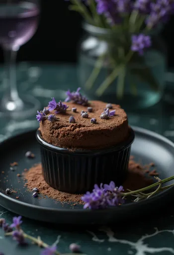 Soufflé de chocolate a la lavanda servido
