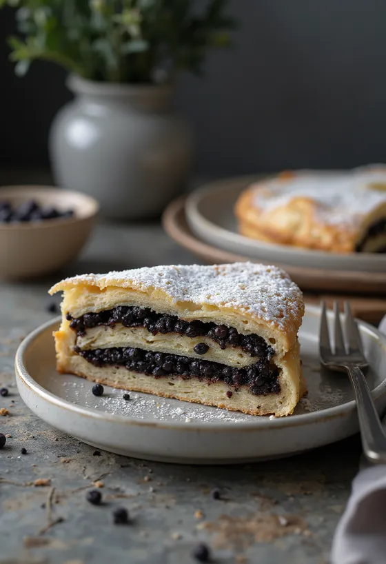 Pay de semilla de amapola con masa dorada y relleno oscuro