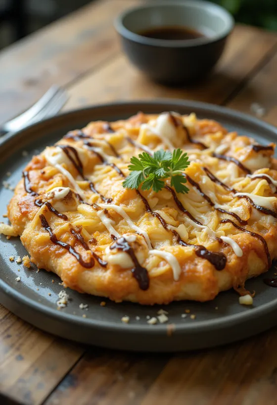Pizza Okonomiyaki con col y copos de bonito