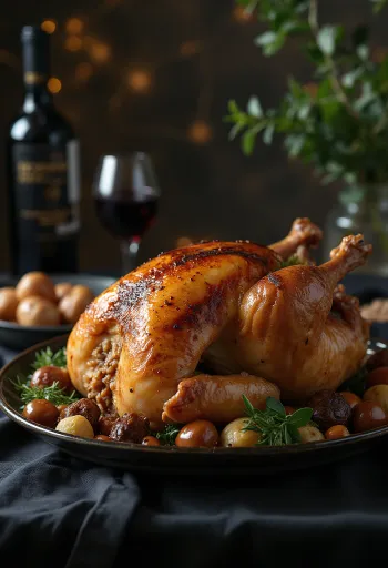 Pavo asado con relleno de castañas servido en bandeja con verduras