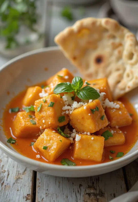 Tofu frito en salsa tailandesa servido