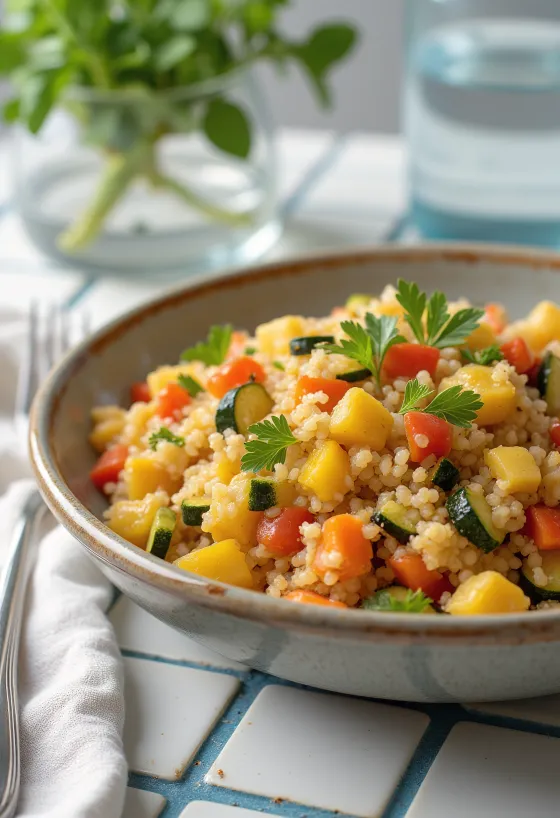 Bulgur con verduras servido con trozos de pimiento fresco, tomate y calabacita