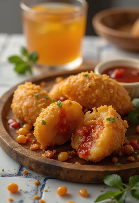Acarajé con salsa picante, bolas crujientes servidas con salsa picante y cilantro