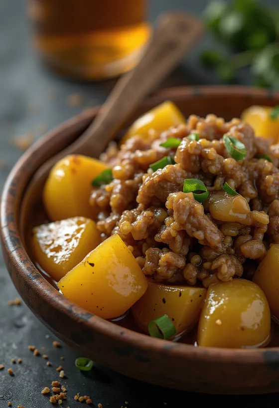 Adobo con papas, carne especiada y papas crujientes servidas