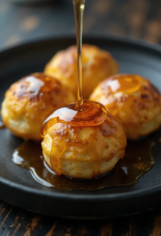 Æbleskiver con jarabe de arce, panecillos frescos, dorados, servidos con jarabe