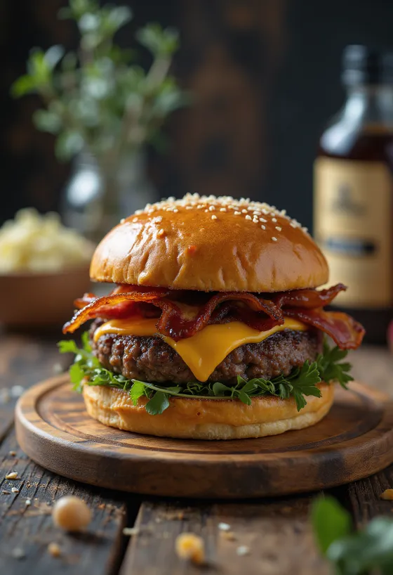 Hamburguesa BBQ con tocino y queso, carne jugosa y salsa BBQ ahumada