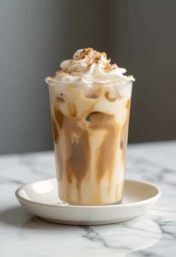 Café helado con canela decorado con crema batida y canela