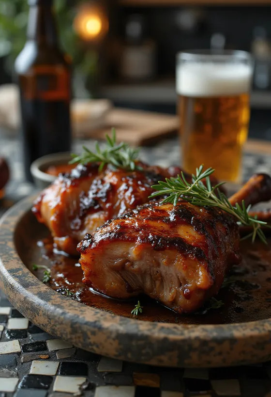 Chamorro de cerdo ahumado BBQ con marinada de cerveza servido