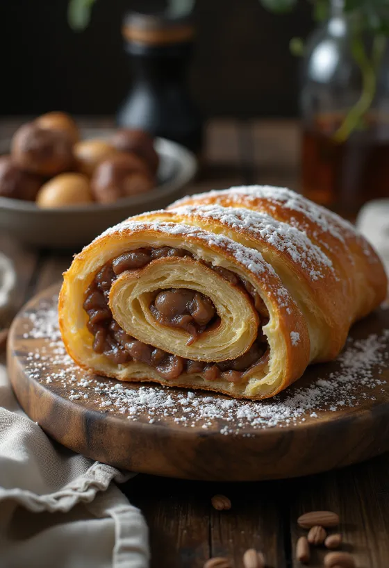 Rollo de castañas bejgli rebanado y decorado