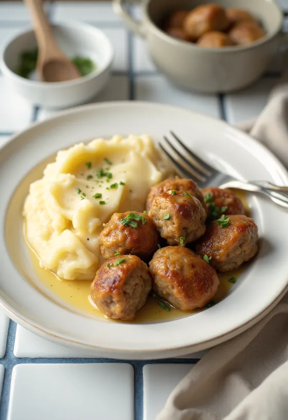 Köttbullar con puré de papa, servido con sabores ricos