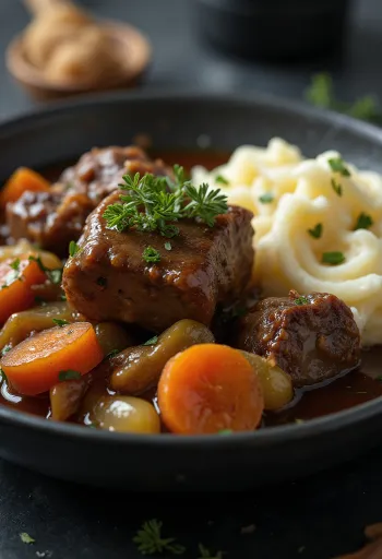 Estofado de paleta de cordero servido en un tazón rústico