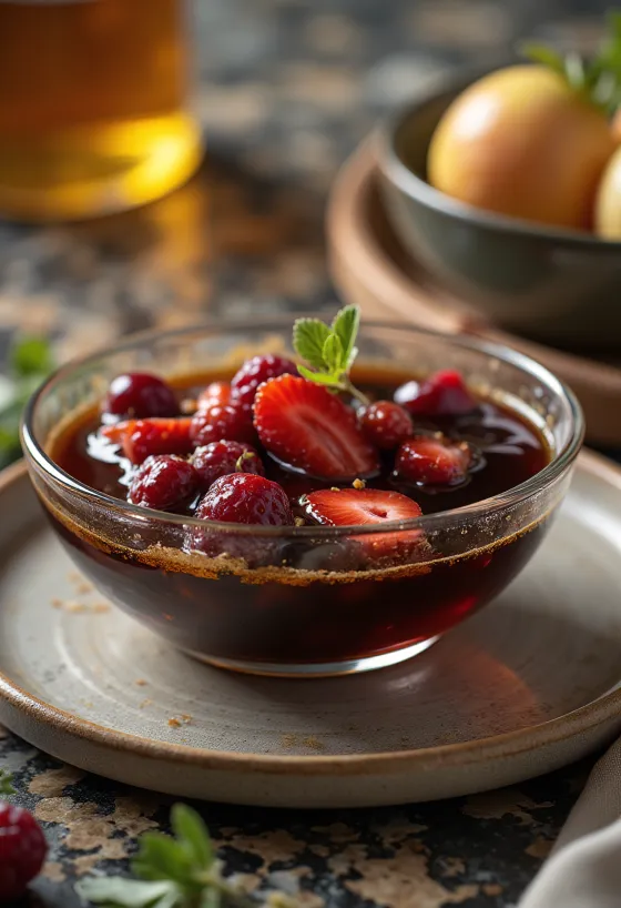 Salsa de vinagre balsámico con miel y frutos rojos servida