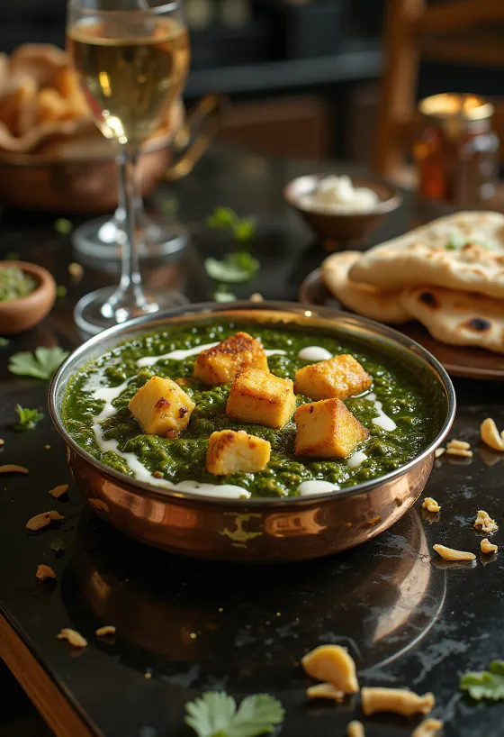 Palak paneer con jengibre servido con espinacas frescas y cubos de paneer especiados