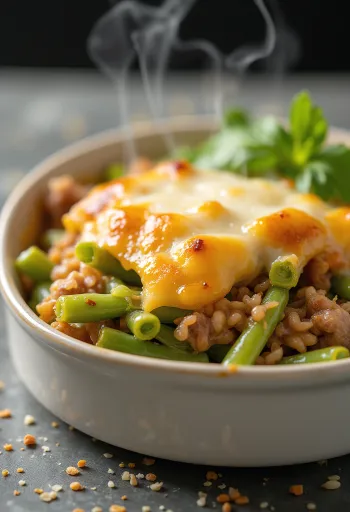 Pastel de ejotes con crema fresca y queso gratinado encima.