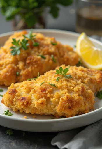 Pechuga de pollo empanizada dorada servida con ensalada