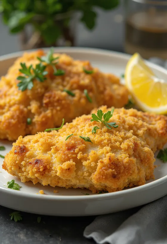 Pechuga de pollo empanizada dorada servida con ensalada