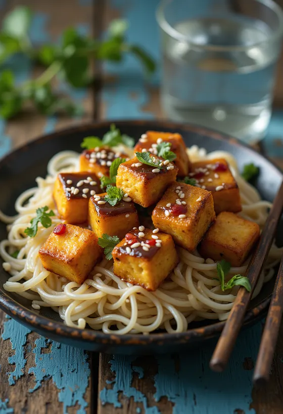 Tofu frito con aderezo tailandés servido