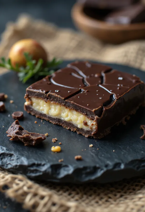 Túró Rudi con cobertura de chocolate, servido frío.