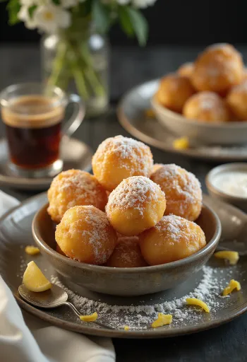 Zeppole con ricotta, espolvoreadas con azúcar fresca, dulce frito dorado