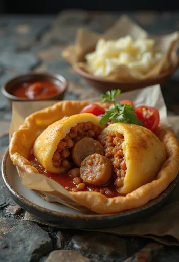 Acarajé con chorizo, decorado con frijoles especiados y perejil fresco