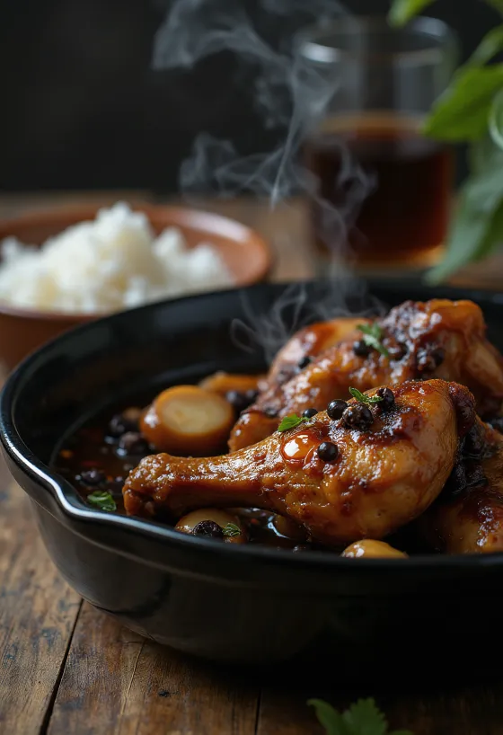 Adobo de pollo, cocinado en salsa de soya, servido junto a arroz
