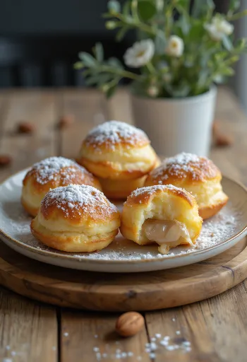 Æbleskiver rellenos de almendra, espolvoreados con azúcar glass, servidos en un tazón