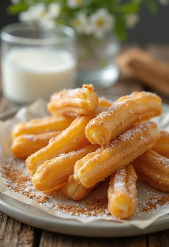 Churros con azúcar, espolvoreados con azúcar y canela, recién fritos