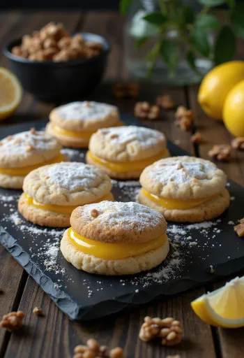 Linzer de limón y nuez servido