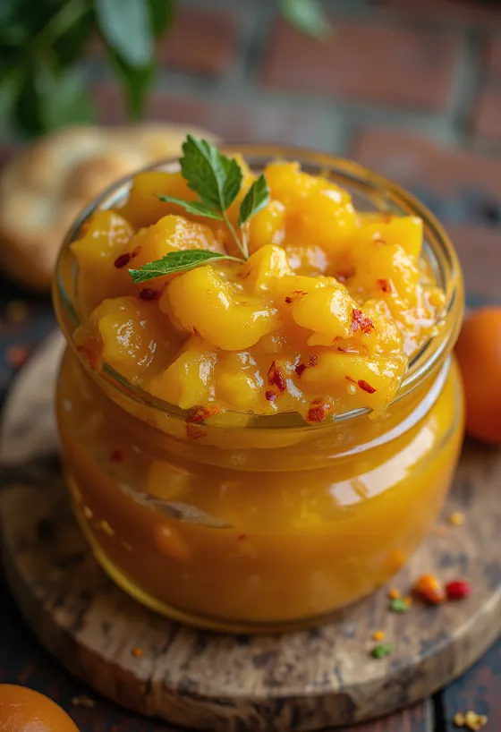 Chutney de mango picante servido con pan naan