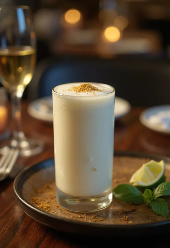Lassi dulce servido, decorado con cilantro fresco