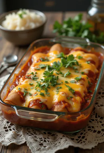 Enchiladas de carne molida, con queso y salsa, decoradas con cilantro fresco