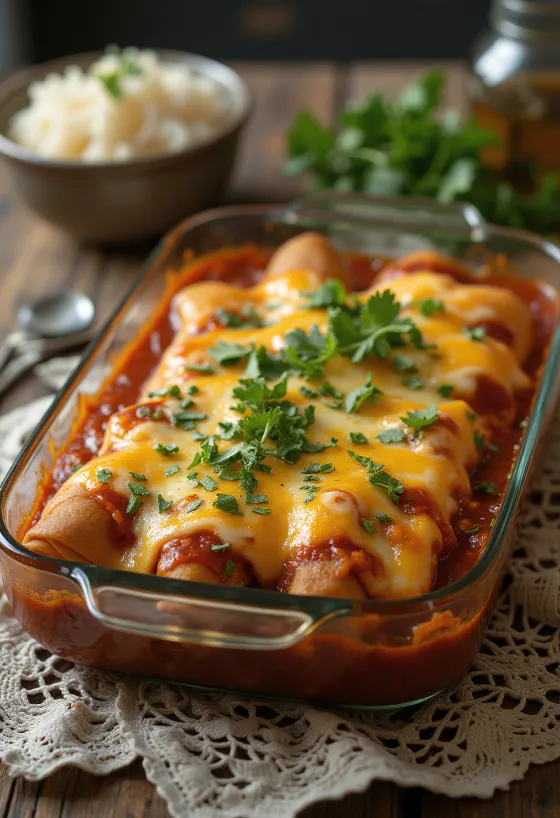 Enchiladas de carne molida, con queso y salsa, decoradas con cilantro fresco