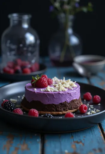 Pastel de chocolate con mousse de frutos rojos servido en rebanadas