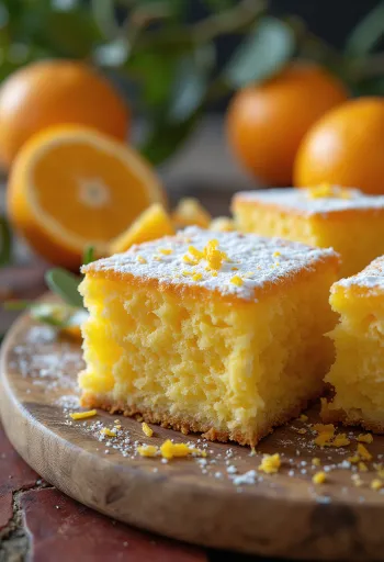 Cuadritos de naranja con masa dorada y azúcar glass