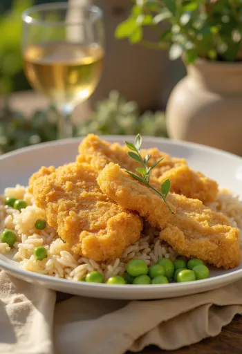 Milanesa de pollo con arroz servida