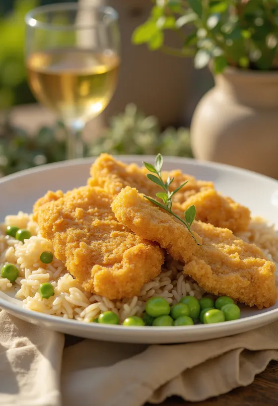 Milanesa de pollo con arroz servida