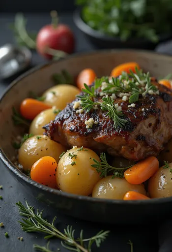 Carne de marmota asada servida con tubérculos en una fuente.