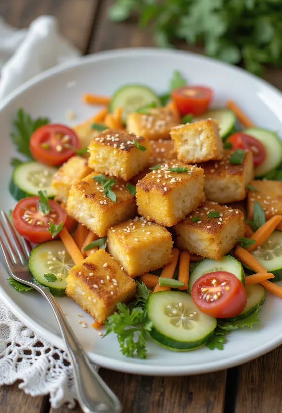 Tofu asado servido con ensalada de vegetales