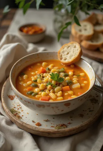 Sopa de tarhonya en plato humeante, servida con verduras frescas.