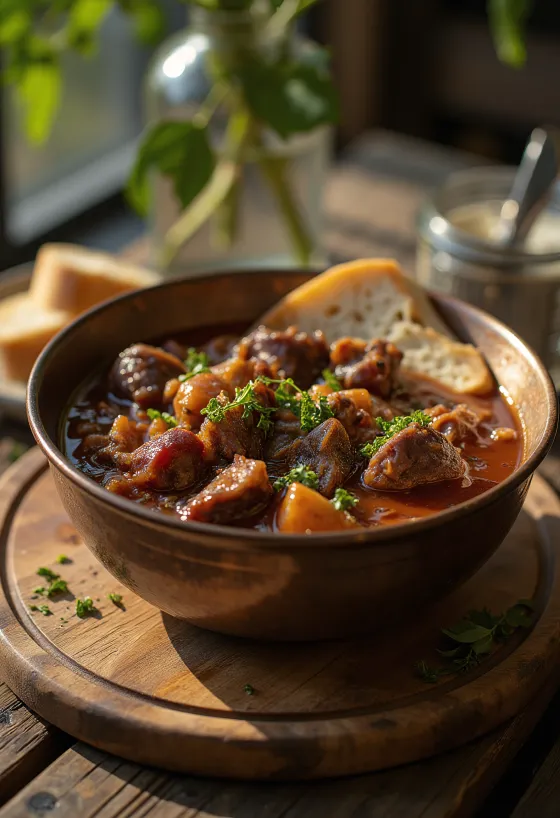 Estofado de jabalí con trozos de carne jugosa, servido con guarnición de papa